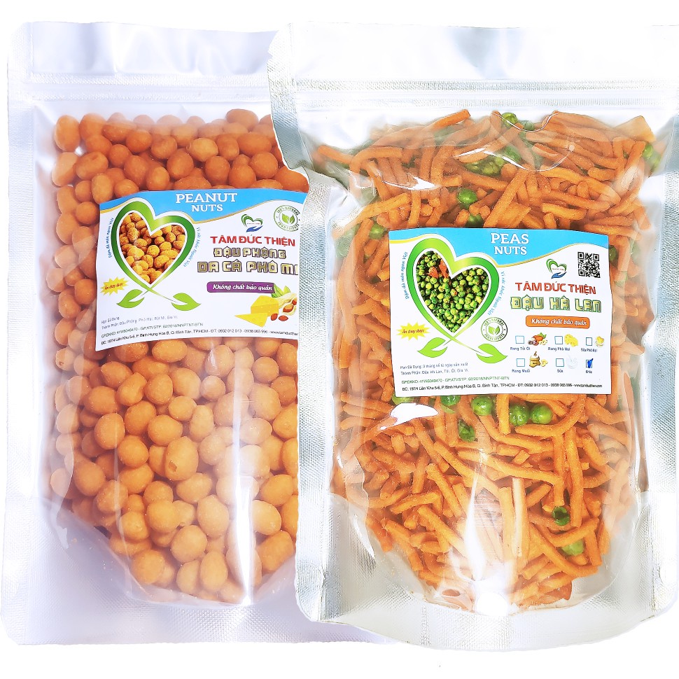 Combo 2 Túi 2 Vị: Đậu Phộng Da Cá Phô Mai 500GR và Bim Bim Que &amp; Đậu Hà Lan 405GR Tâm Đức Thiện