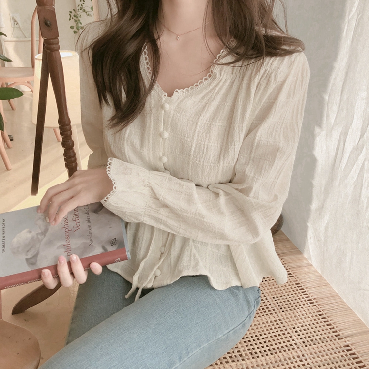 SUXI Áo nữ tay dài cổ chữ V thời trang phong cách Hàn Quốc