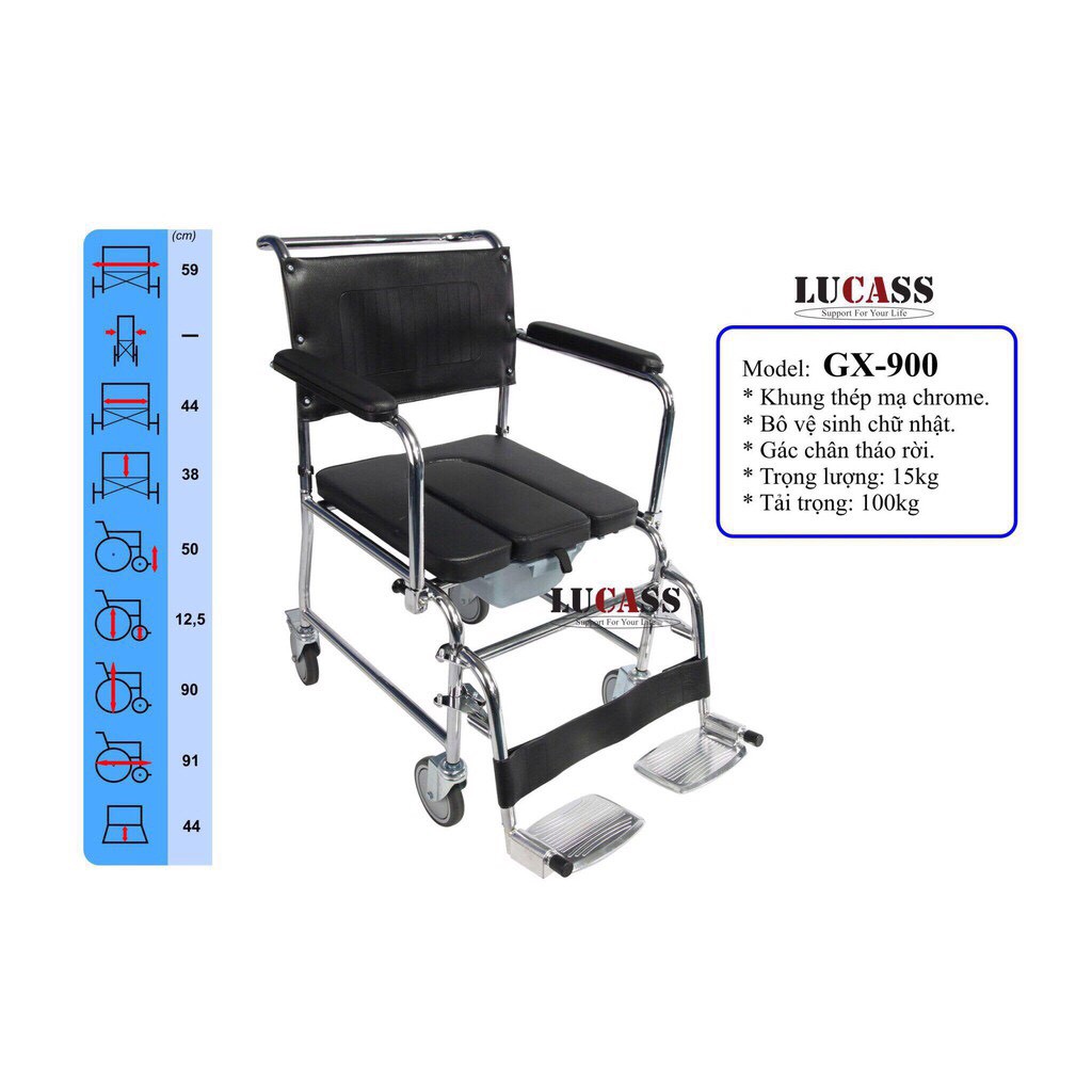Ghế bô vệ sinh Lucass GX-900 Có Đệm, Bánh Xe, Chỗ Gác Chân - Dùng Như 1 Chiếc Xe Lăn