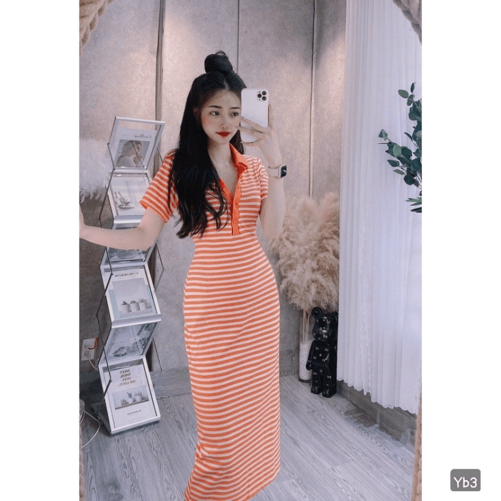 (Mẫu Mới) Đầm Thun Sọc Ôm Body Siêu Hack Dáng UP hhp