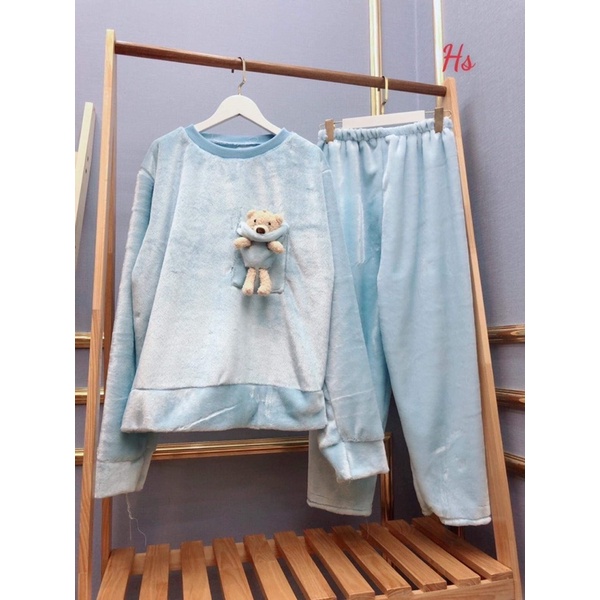 Bộ áo lông xanh kèm gấu nhỏ HSU1