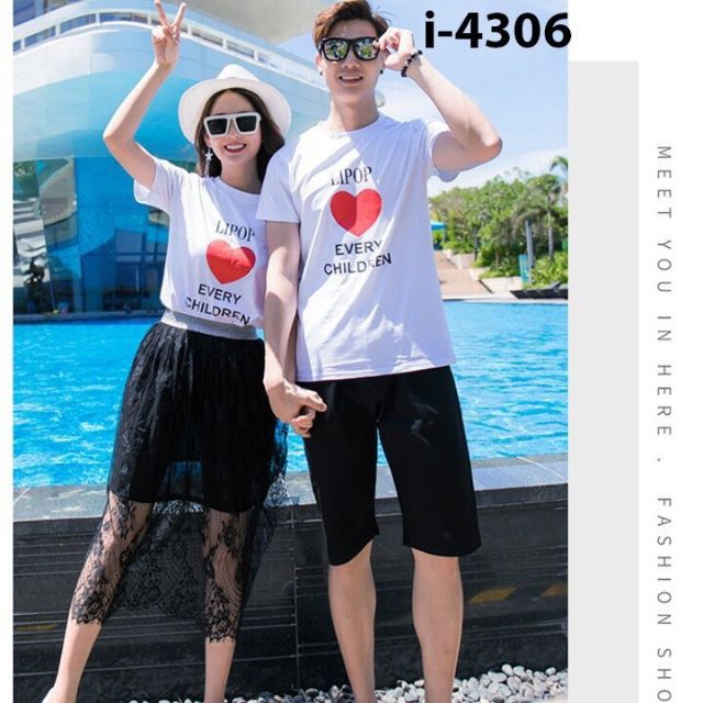Áo thun cotton cặp ị họa tiết trái tim