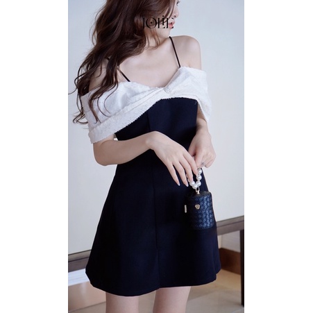 Gemma Dress váy trễ vai trắng thân đen mặc có dây áo siêu xinh- Hàng chất lượng cao