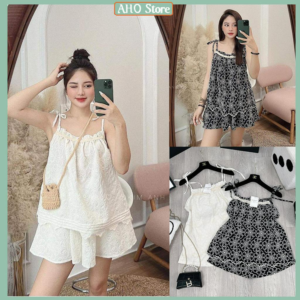 Bộ Đùi Nữ Áo 2 Dây Có Điều Chỉnh Hoa Nổi Ren Ngực Mix Quần Sooc Ngắn Lượn Gấu Freesize