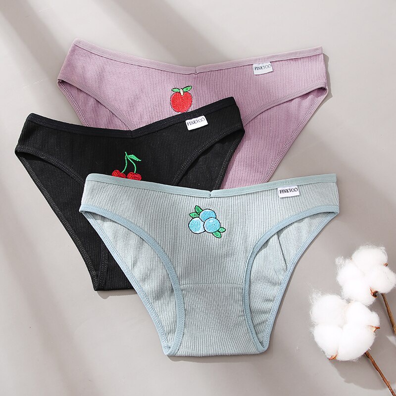 Quần lót Finetoo vải cotton thêu họa tiết trái cây bắt mắt kiểu chữ V xẻ sâu quyến rũ cho phái nữ M-2XL