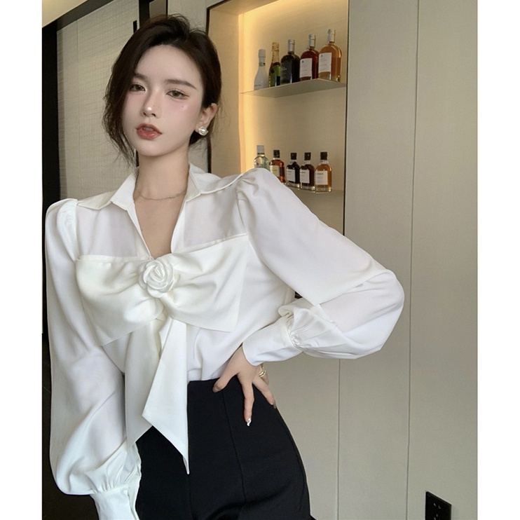 Áo Sơ Mi Trắng Tay Dài Cổ V Thắt Nơ Phong Cách Hàn Quốc Thời Trang Cho Nữ