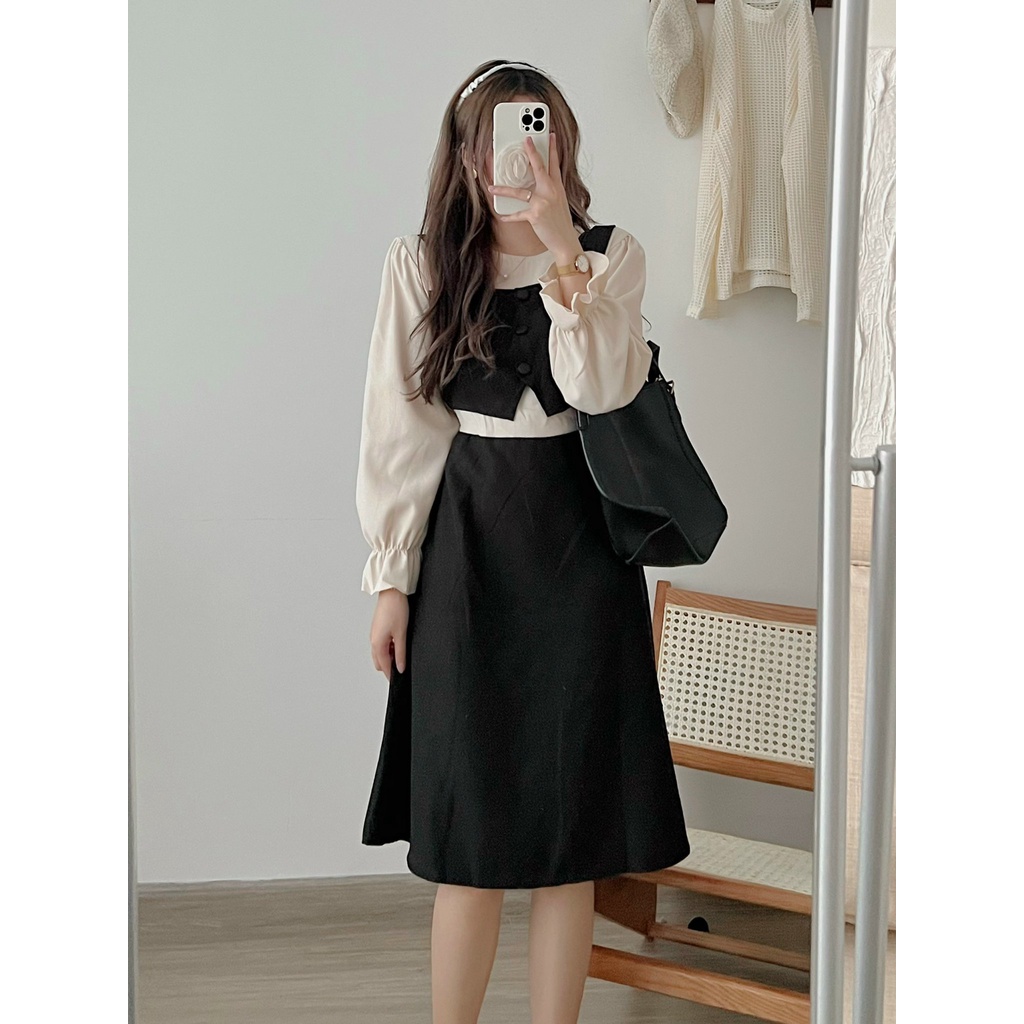 Váy Đầm Nhung Dáng Dài Giả Gille Tay Dài Tiểu Thư Đầm Nữ Phong Cách Hàn Quốc | Smide Clothing