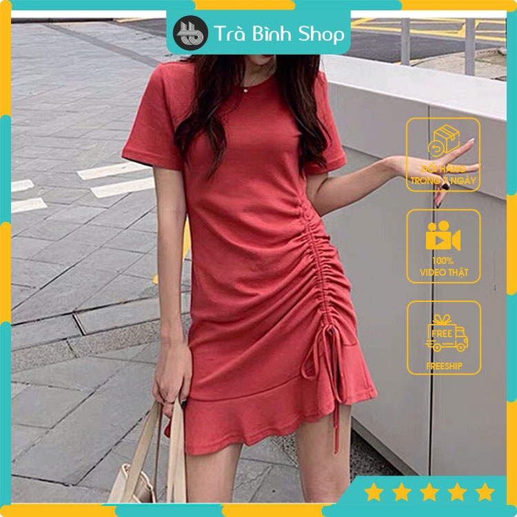 Váy Chất Cotton Đuôi Cá Rút Eo Đầm Body Ngắn Tay Tôn Dáng Hàng VNXK