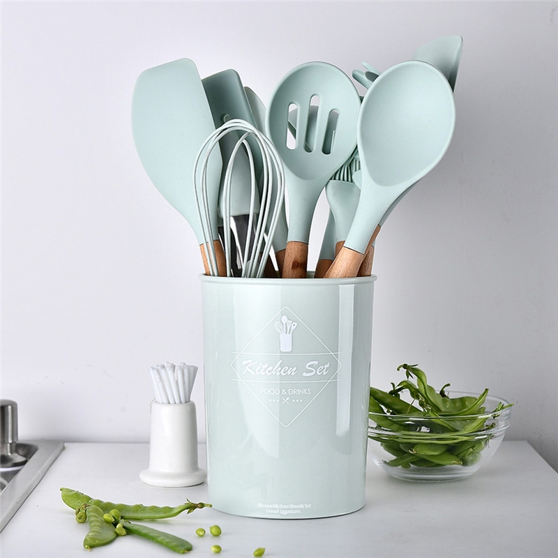 NA| Silicone Kitchen Cooking Utensils Natural Wood Handle Cooking Tools Turner Tongs Spatula Spoon with Organizer - Blue