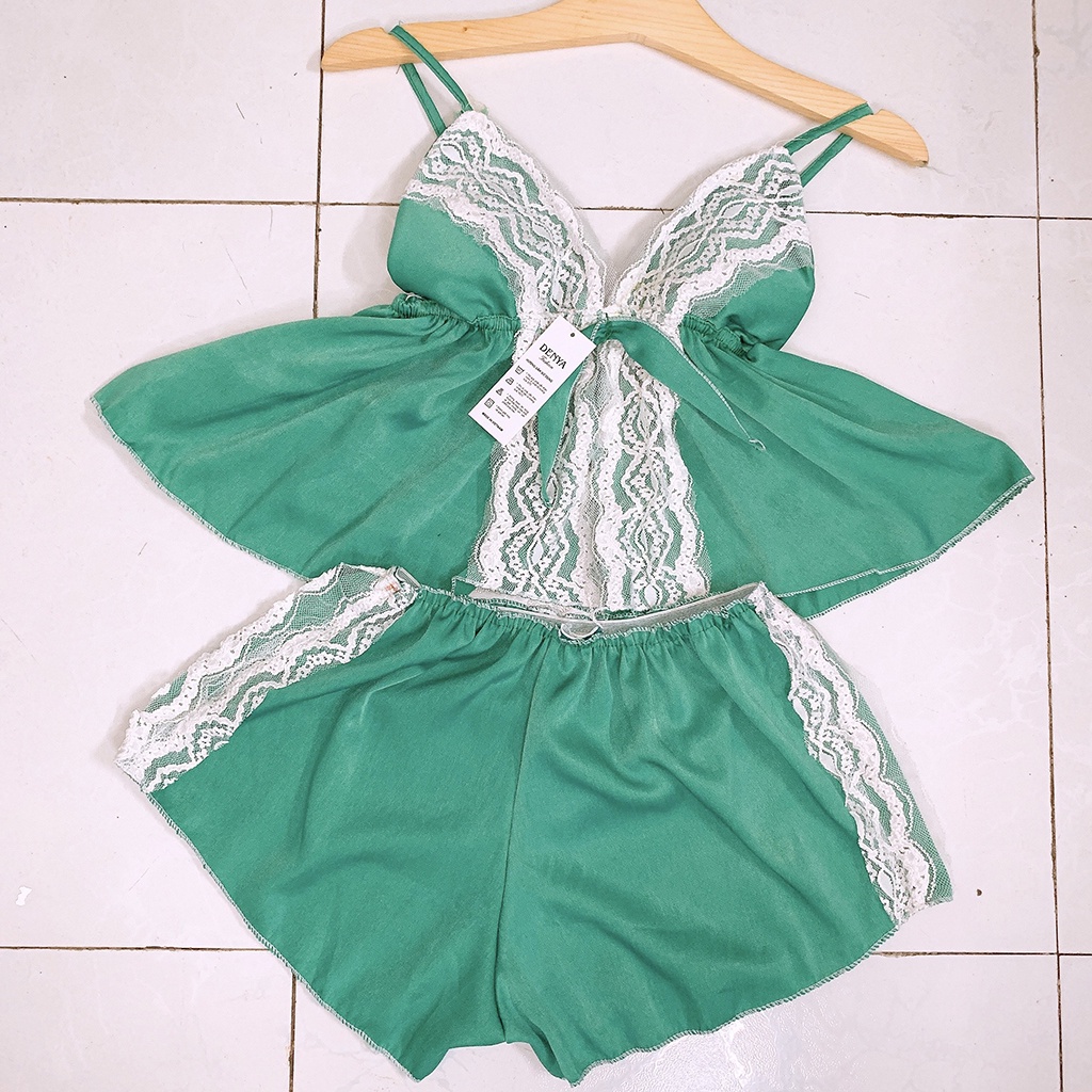 Đồ ngủ 2 dây⭐️ FREE SHIP ⭐️ Đồ ngủ nữ có mút tháo rời, đính nơ ngực và viền ren, kiểu sexy, DN28