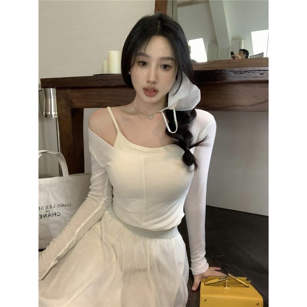 Set Áo Dây Dệt Kim Chống Nắng Có Miếng Lót Ngực Thời Trang Hong Kong Mùa Hè Cho Nữ