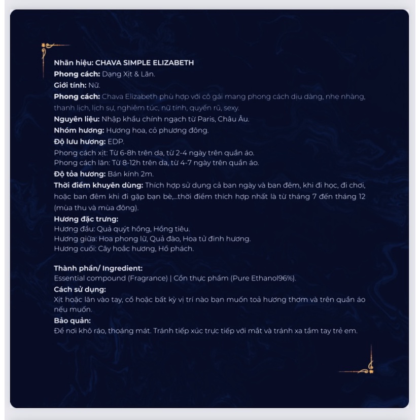 Nước Hoa Nữ, Nước hoa ELIZABETH 50ml CHAVA Simple Chính Hãng - Theo Tiêu Chuẩn Pháp
