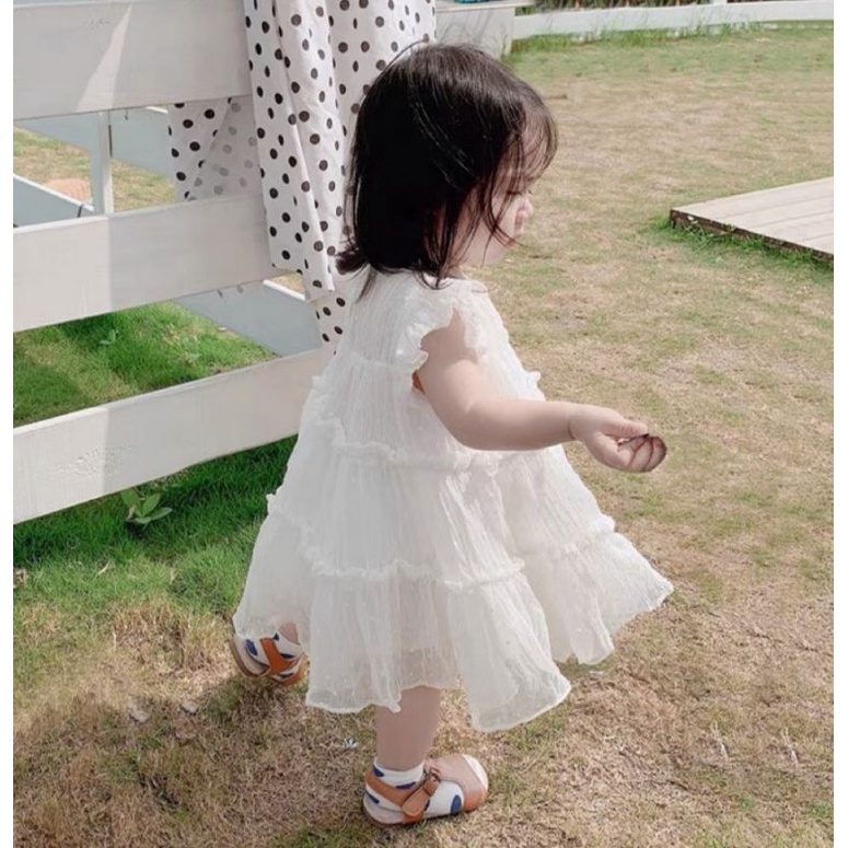 Váy đầm vải voan bi mẫu tầng trắng hồng siêu xinh cho bé gái 1 - 5 tuổi