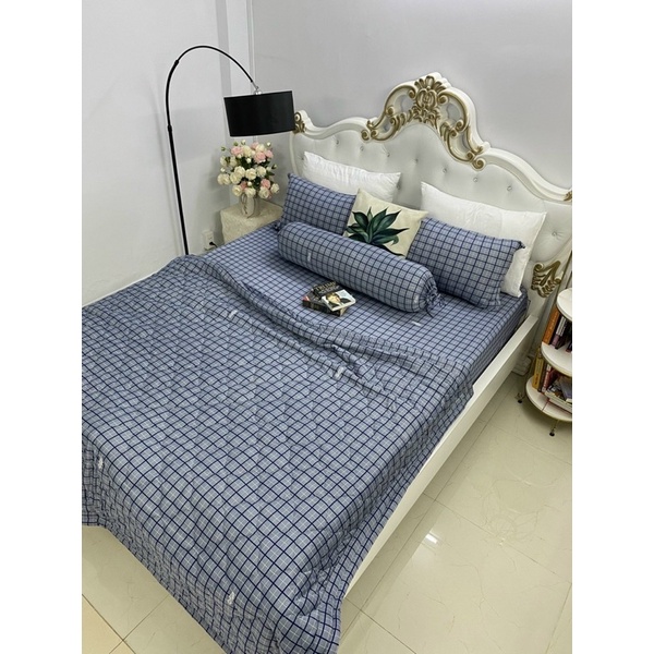 Bộ ga gối thun mẫu caro xám xanh