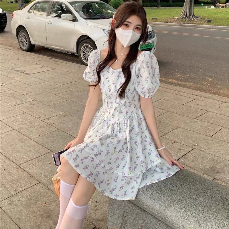 Váy hoa nhí trễ vai dáng xòe hot girl đầm công chúa tay phồng vintage cá tính