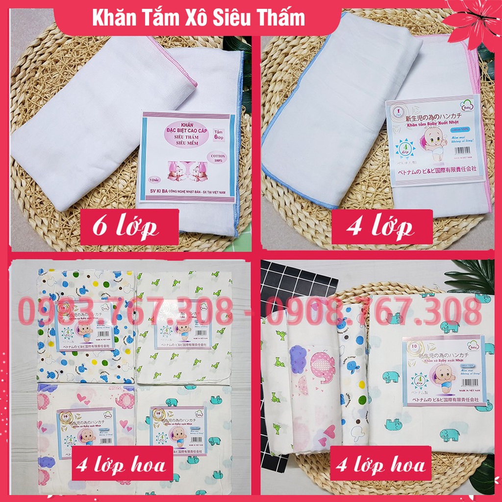 Khăn Tắm Xô Siêu Thấm Cho Bé (Các Loại 4 - 6 lớp) - Chất Mềm Mại, Siêu Thấm