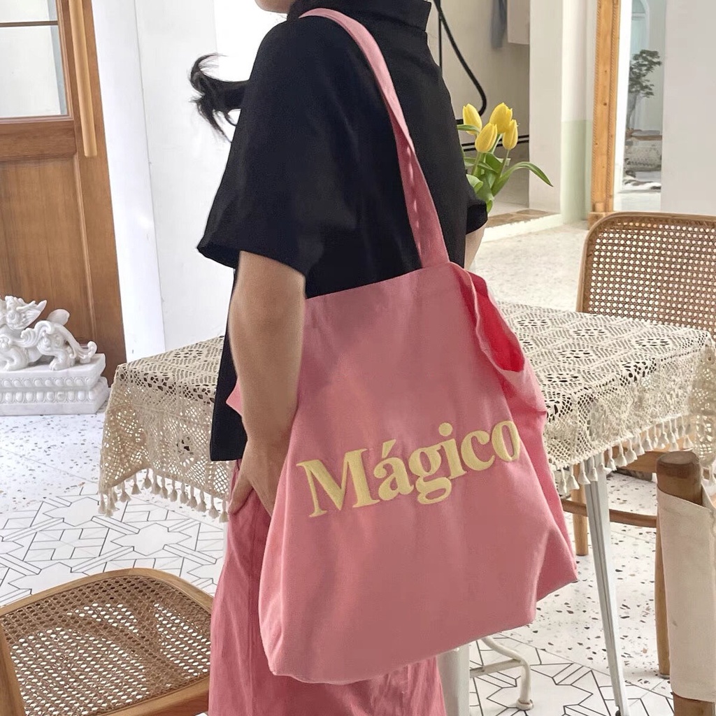 Túi Tote Vải Bố Màu Hồng Dung Tích Lớn In Chữ