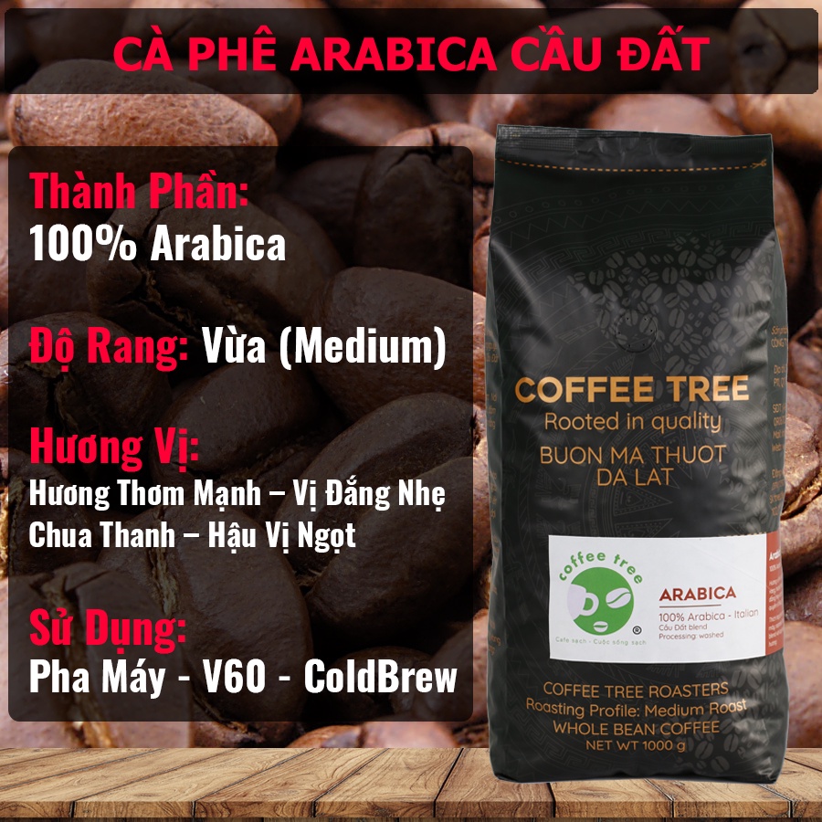 Cà Phê Hạt Arabica Cầu Đất Nguyên Chất 100% - CoffeeTree - 1Kg - Hương Thơm Mạnh, Vị Đắng Nhẹ, Chua Thanh, Hậu Vị Ngọt | BigBuy360 - bigbuy360.vn