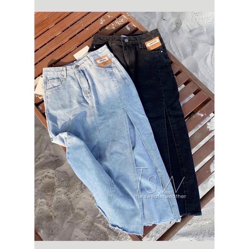 Chân váy bò denim xẻ vạt tua gấu siêu hot #912