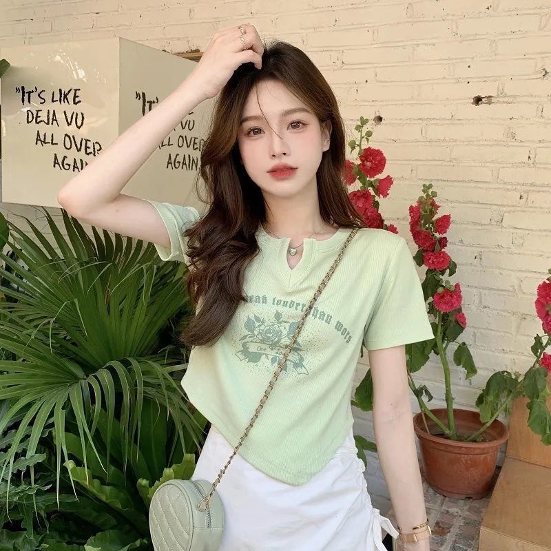 COZOKC COZOK Áo thun COZOK tay ngắn cổ chữ V thiết kế độc đáo thời trang