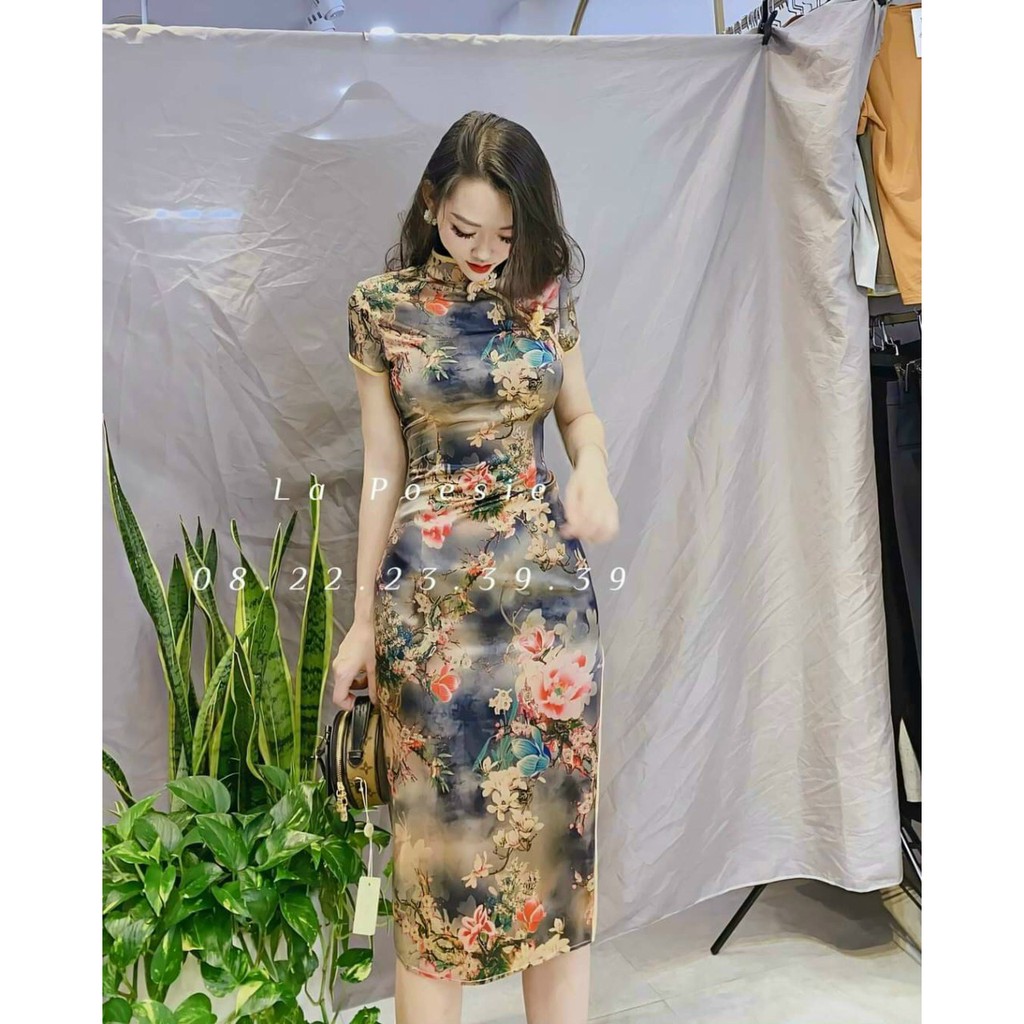 Đầm body sườn xám cổ tàu xẻ tà hoạ tiết xịn xò | BigBuy360 - bigbuy360.vn