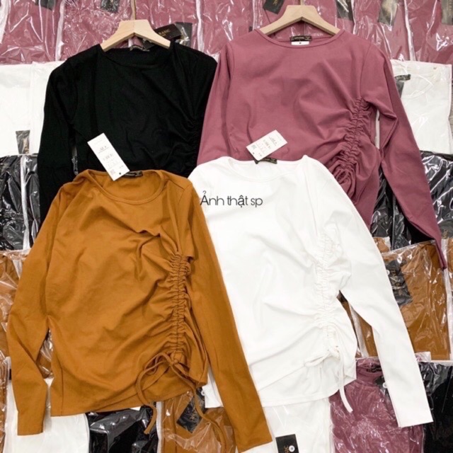 Áo thun dài tay dây rút suôn vải zip cotton | BigBuy360 - bigbuy360.vn