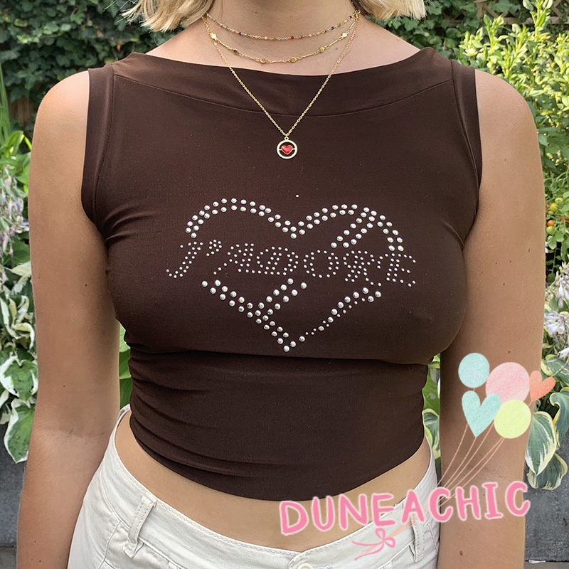 DUNEA Áo Tank Top Sát Nách Cổ Tròn Đính Đá Lấp Lánh Phong Cách Đường Phố Cá Tính