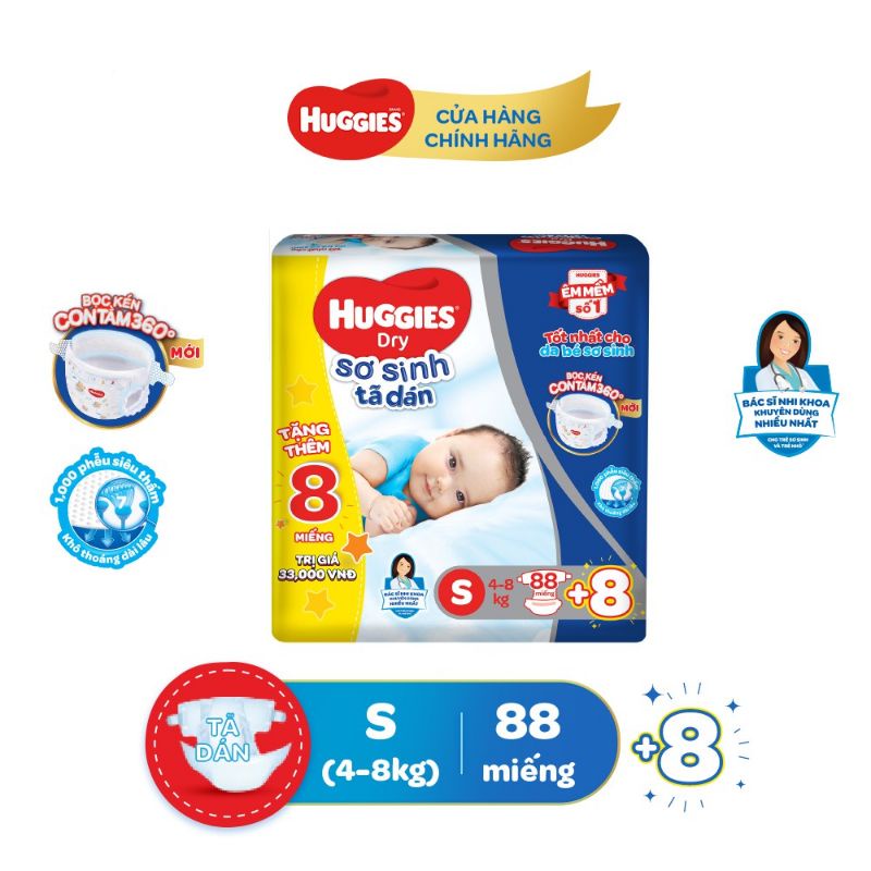 Tã dán sơ sinh Huggies S56(4-8kg)/ newborn 58+2(dưới 5kg)