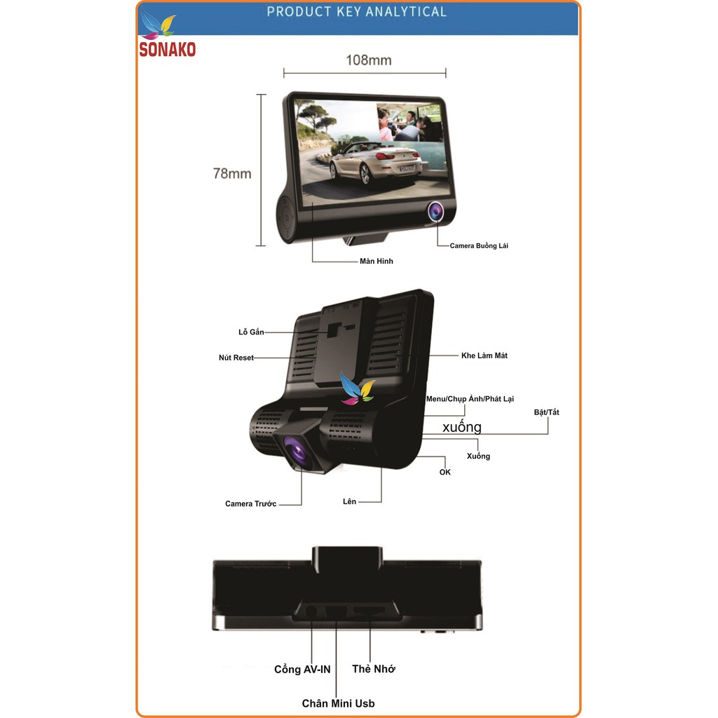 Camera Hành Trình Ô Tô 3 Góc Rộng Full HD- Sonako