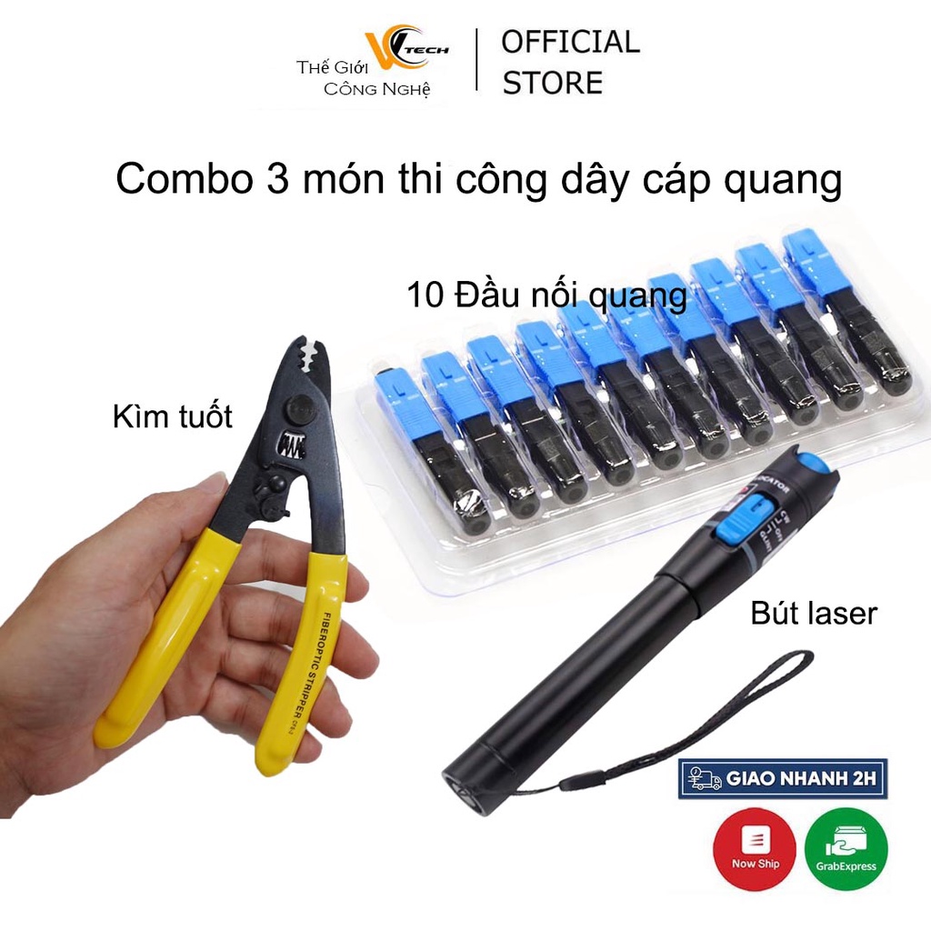 Combo 3 món dụng cụ thi công cáp quang - Kìm tuốt dây quang, đèn laser, 10 đầu nối quang