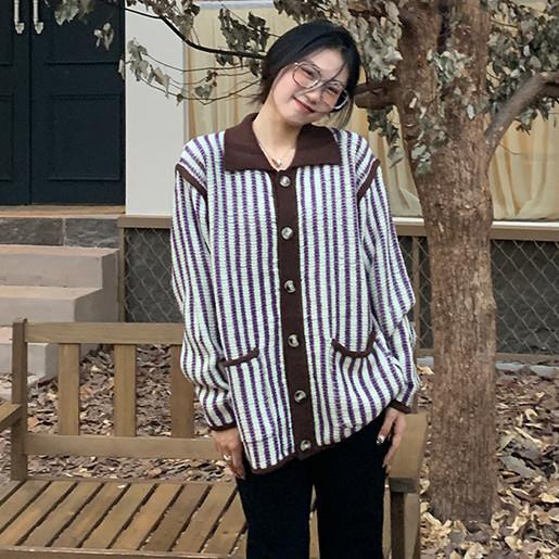 Áo Khoác Cardigan Dệt Kim Cổ Bẻ Form Rộng Họa Tiết Kẻ Sọc Dọc Phong Cách Retro Thời Trang Mùa Thu Cho Nữ