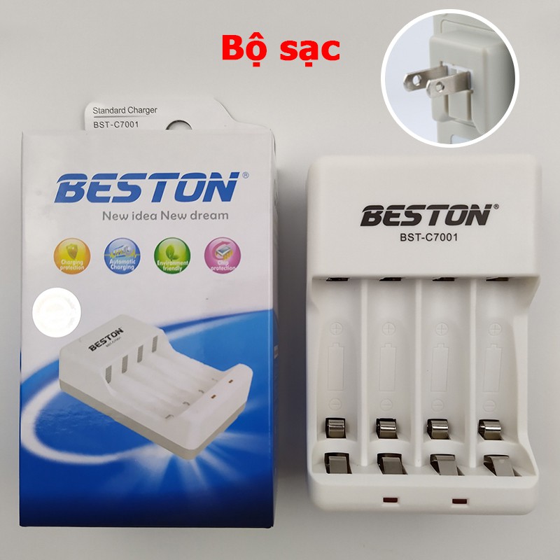 Combo 4 pin sạc Beston AA AAA pin NiMH kèm sạc pin mic không dây, điều khiển từ xa, đồ chơi trẻ em