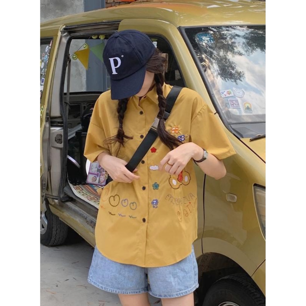 Áo sơ mi nữ FM Style đẹp tay ngắn oversize form rộng họa tiết gấu Hàn Quốc siêu xinh 210716105