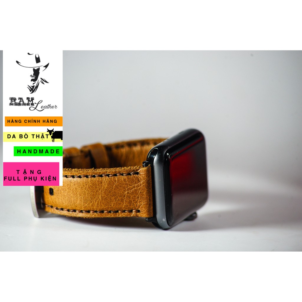 Dây apple watch da bê vàng handmade bền chắc cực đẹp RAM Leather classic 1989 - tặng khóa chốt và adapter
