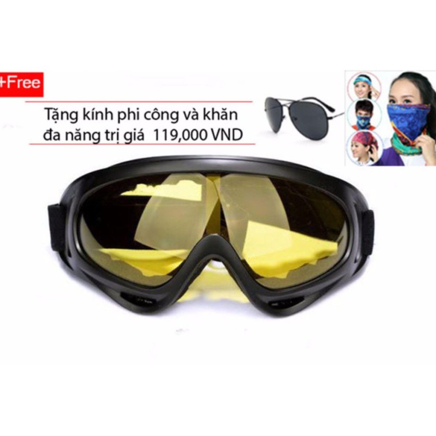 Kính đi phượt chống bụi và tia UV (Vàng) + Tặng kính phi công (Đen) và khăn đa năng màu ngẫu nhiên