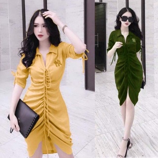 Đầm ôm body nhún thun cổ sơ mi duyên dáng