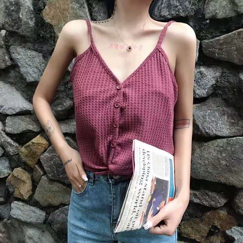 Áo Croptop Hai Dây Dệt Kim Phong Cách Retro Hong Kong