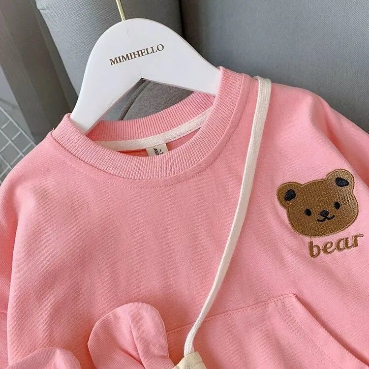 Bộ Đồ Thời Trang Hàn Quốc 2 Món Áo Sweater In Hình Gấu Phối Quần Dài Thời Trang Xuân Thu Cho Bé Gái