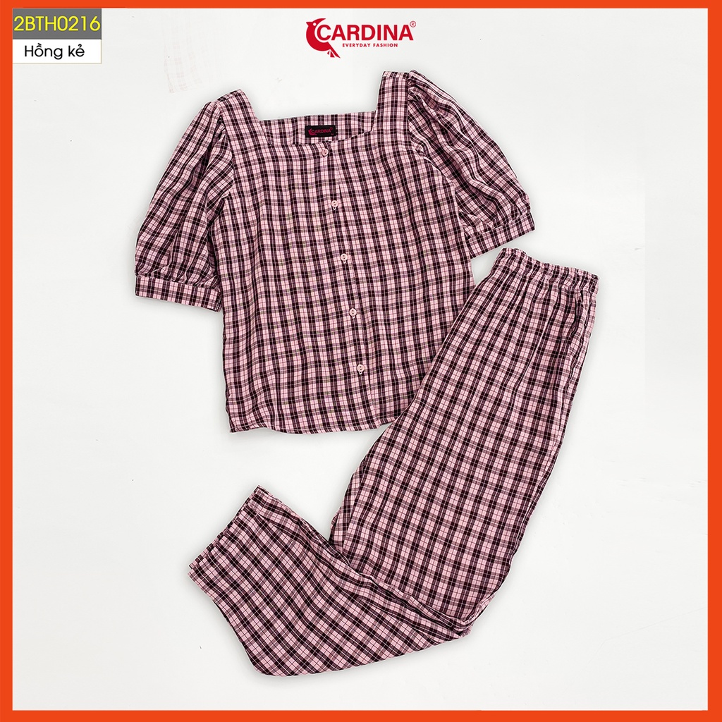 Đồ bộ nữ CARDINA 4 màu kẻ chất thô nhật cao cấp áo cổ vuông tay phồng quần dài thoáng mát nhẹ nhàng 2BTH02