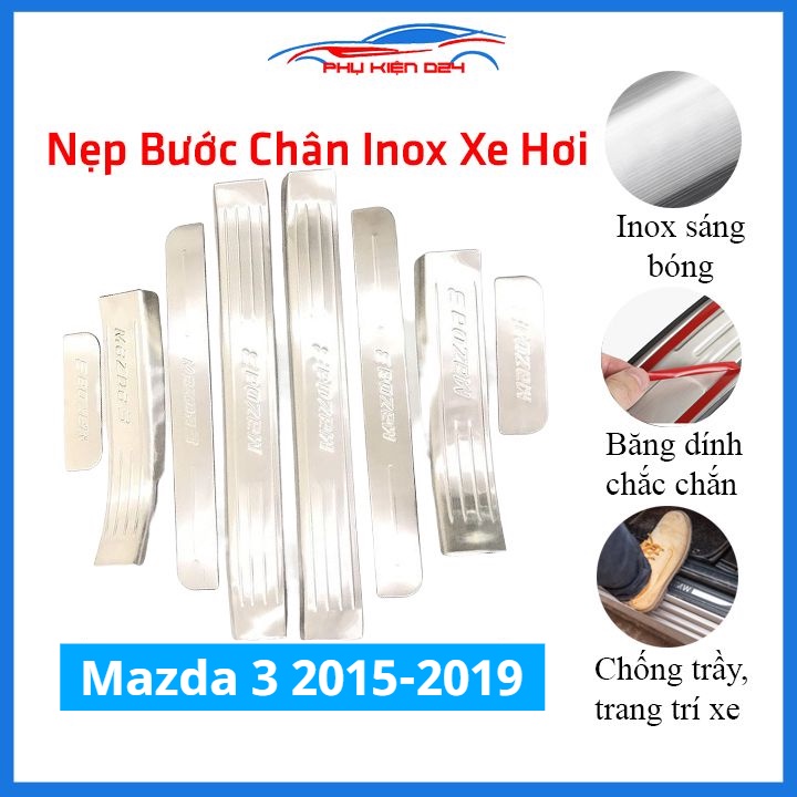 Bộ ốp bậc cửa trong ngoài nẹp bước chân Mazda 3 2015-2016-2017-2018-2019 Inox chống trầy trang trí xe