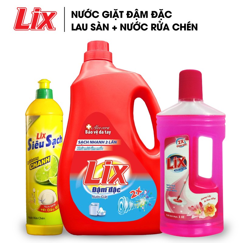 Combo Lix 3 chai gồm nước giặt đậm đặc 2Kg + nước lau sàn hương lily 1L + nước rửa chén siêu sạch chanh 800g