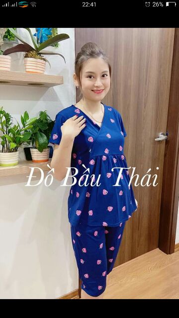 [RẺ ĐẸP] Đồ Bộ Sau Sinh Lửng Bầu Hình Dâu Cổ Vạt Chéo, Chất Đẹp, Tiện Cho Bé Ti