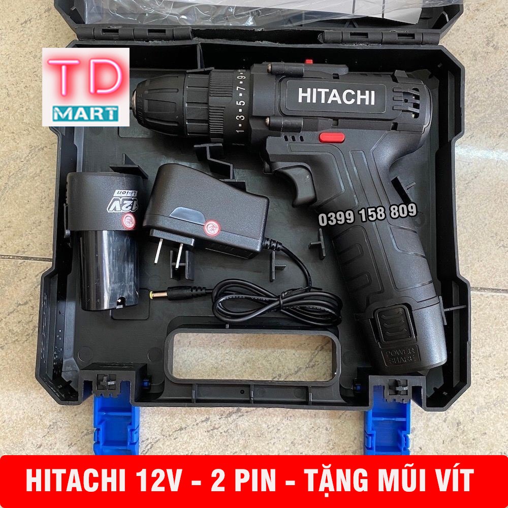 Máy khoan pin HITACHI 12V - 2PIN , Bắn Vít, Vặn vít 2 cấp tốc độ Tặng Mũi Vít