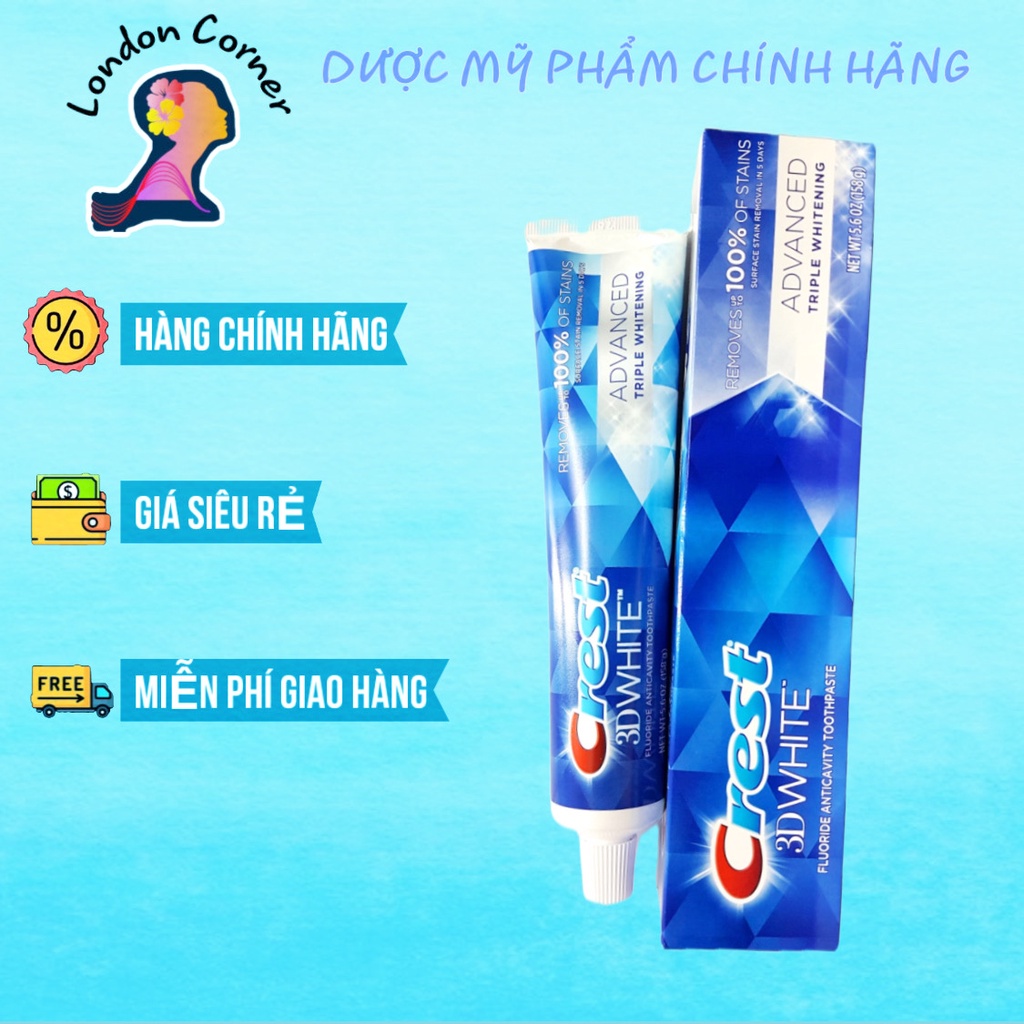 Kem đánh răng CREST 3D WHITE ADVANCED TRIPLE WHITENING 158G, làm trắng răng sáng bóng