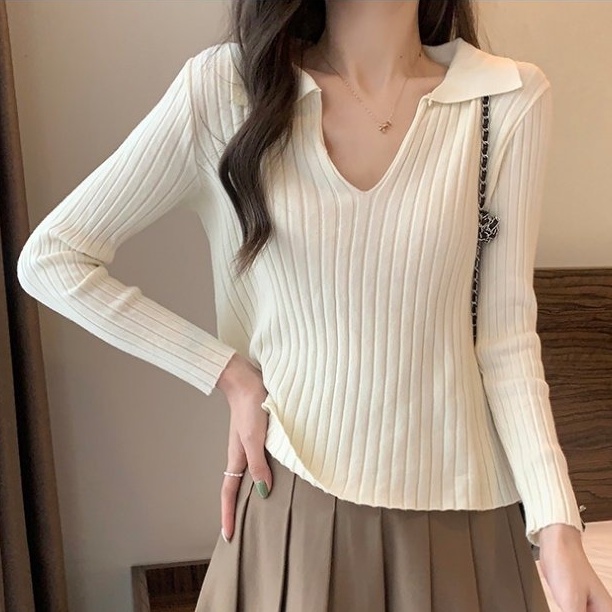 Áo Dệt Kim Nữ Dài Tay Cổ Chữ v Sọc Ngang Thời Trang
