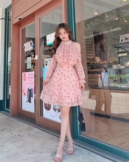 ĐẦM VOAN HỒNG HỞ VAI