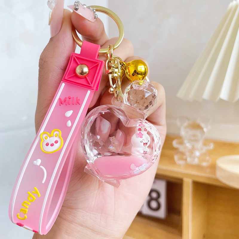 Móc Chìa Khóa Xe Hơi Dạng Lỏng Hình Thỏ Nhỏ Màu Hồng Phối Cát Chảy Dễ Thương Phong Cách Hàn Quốc Dành Cho Cặp Đôi / Học Sinh