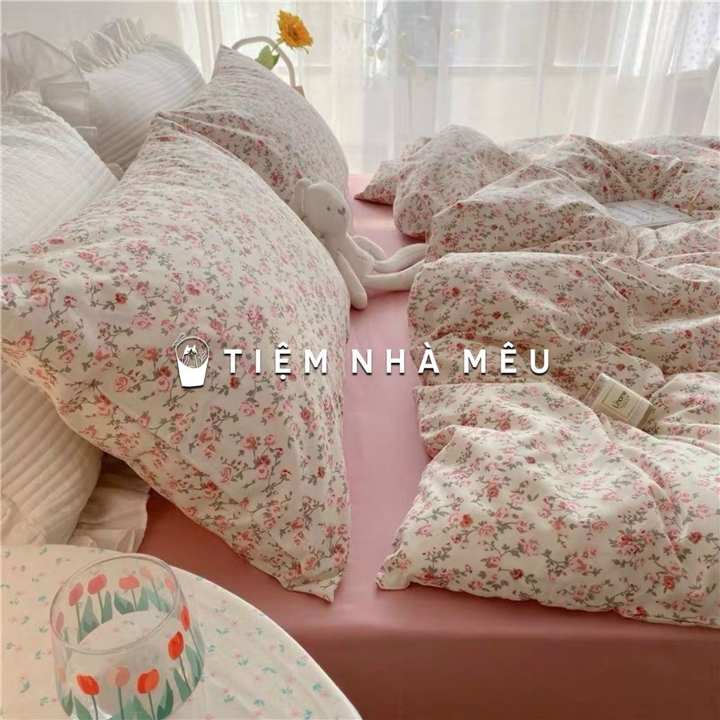 ( Freeship - Tặng kèm túi đựng ) Bộ Chăn Ga Gối Cotton Living✨ m6/m8/2m✨Sét 4 Món Cotton 100% Hàn Quốc Hoa Nhí Cao Cấp