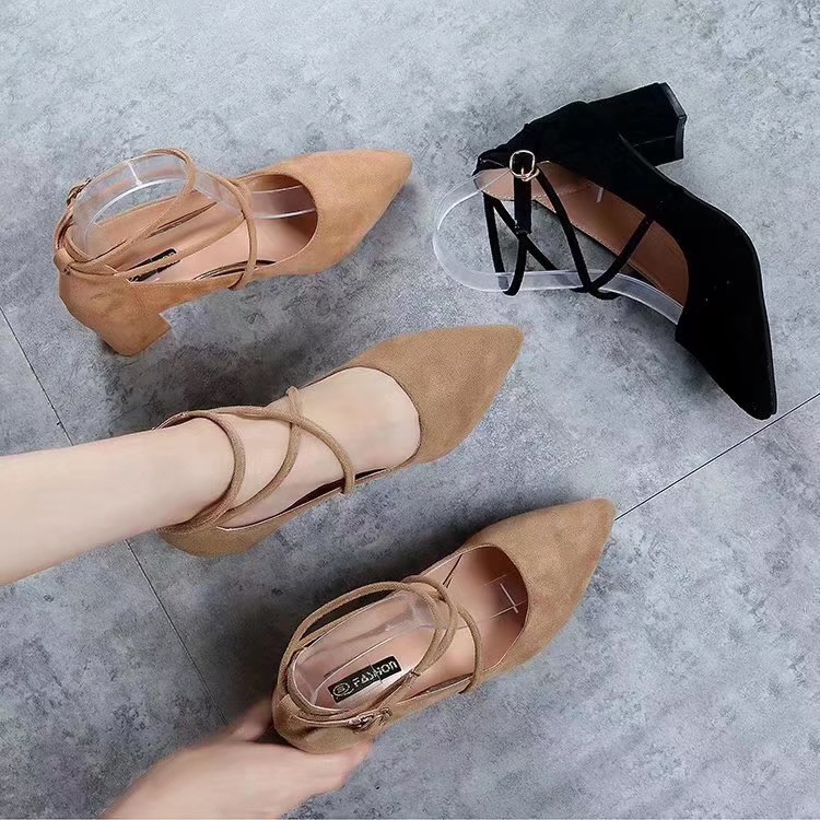 Giầy cao gót da lộn quai chéo 6cm
