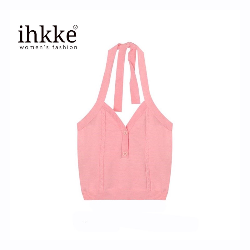 Áo kiểu IHKKE cổ yếm thắt nút phía sau dệt kim thời trang dành cho nữ